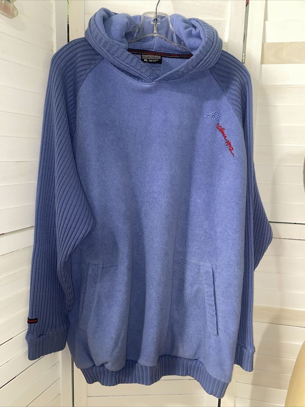 Vintage Fubu Blue Knit Hoodie Sweater Fleece Pullover Thick Warm Sz X-Large